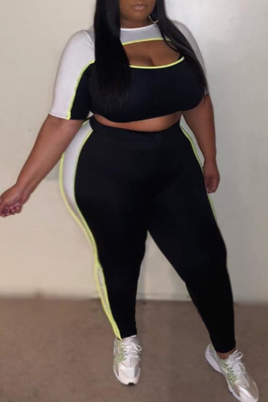 Plus Size Color Block Hollow Out Top & Pants