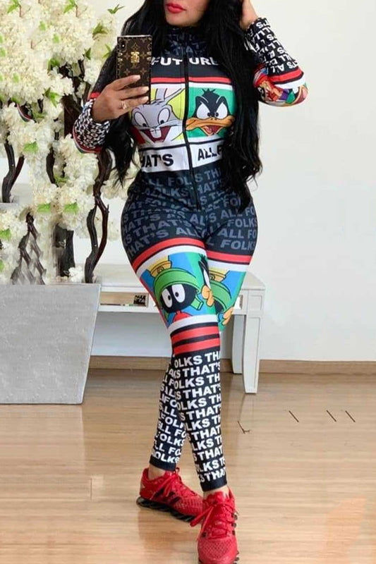 Plus Size Cartoon Print Zipper Up Jumpsuit