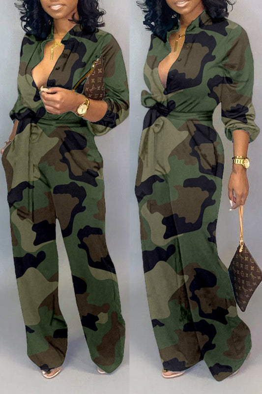 Plus Size Camouflage Print Belted Jumpsuit