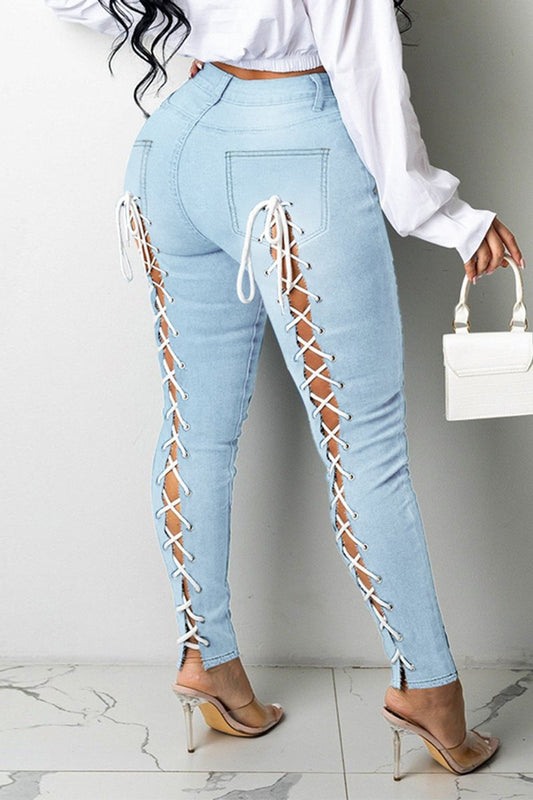 Plus Size Back Eyelet Detail Denim Pants