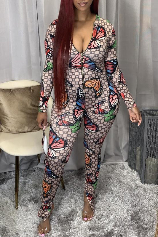 Plus Size Butterfly Print Zipper Up Jumpsuit