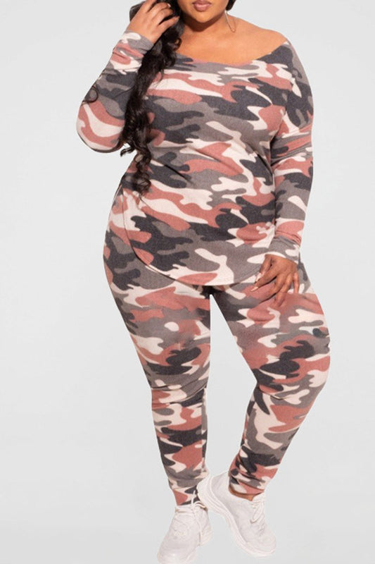 Plus Size Camouflage Print Irregular Two Piece Sets