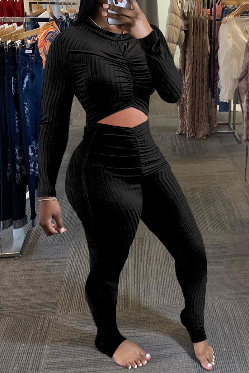 Pleated Cutout Solid Long Sleeve Jumpsuit