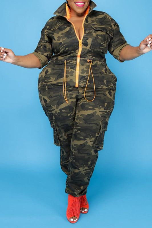 Plus Size Camouflage Print Zipper Drawstring Jumpsuit