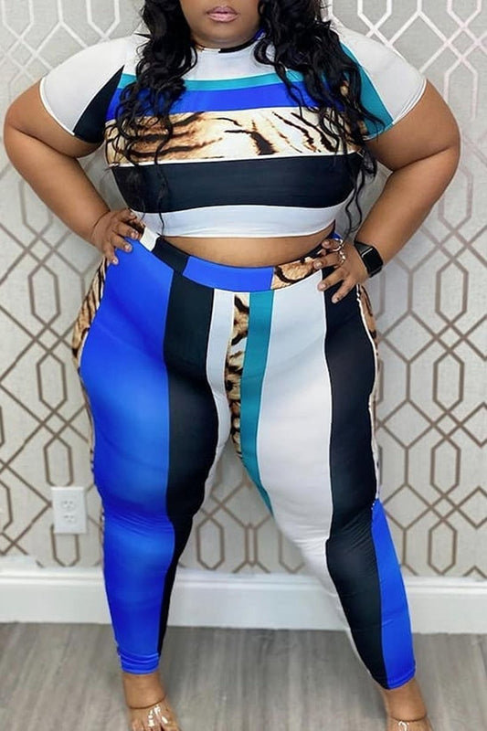 Plus Size Color Patchwork Stripe Two Piece Sets