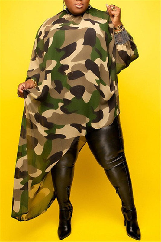 Plus Size Camouflage & Leopard Print Asymmetric Dress