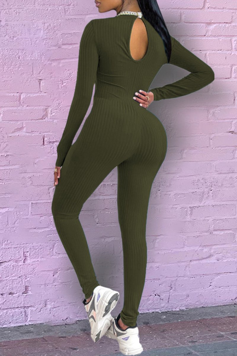 Pleated Cutout Solid Long Sleeve Jumpsuit