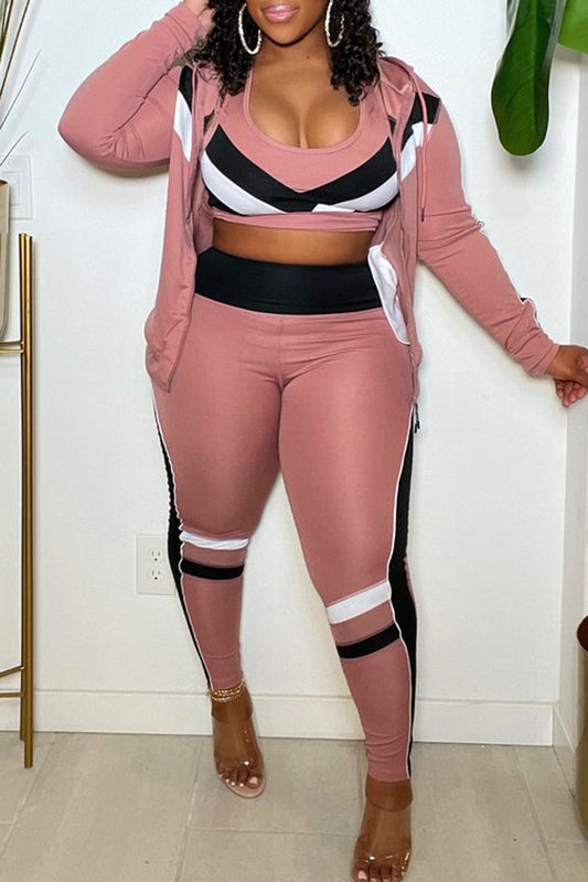 Plus Size Color Patchwork Zipper Three Piece Sets