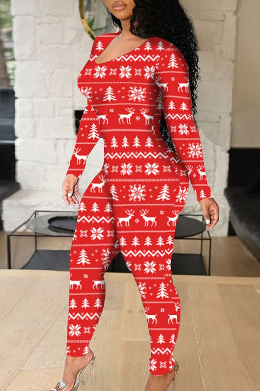 Plus Size Christmas Print Bandage Casual Jumpsuit