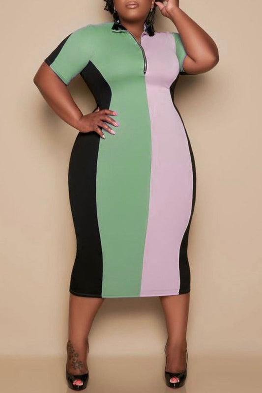 Plus Size Color Patchwork Zipper Collar OL Dress